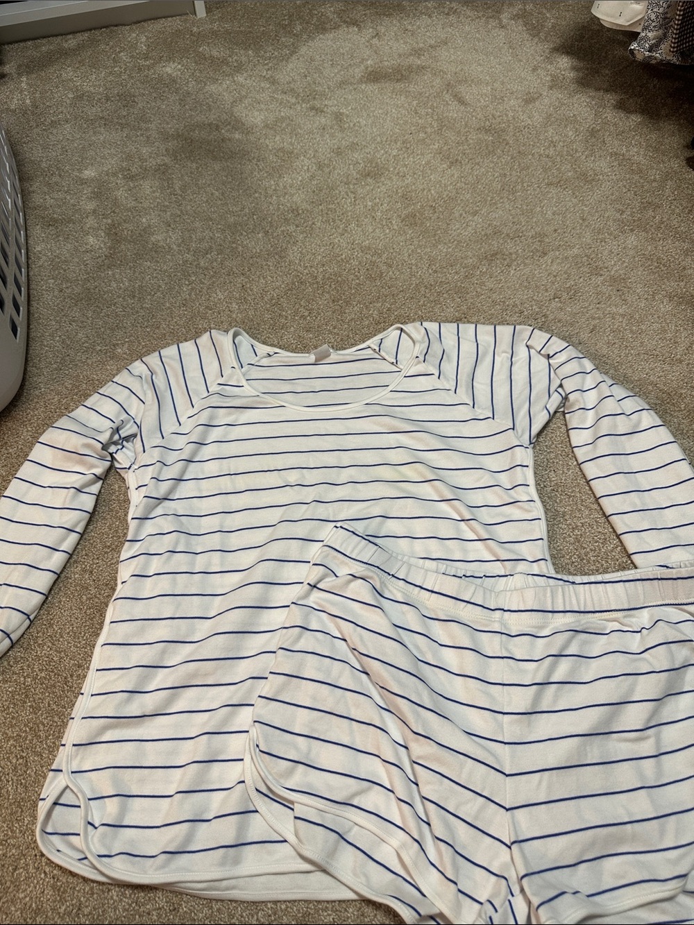 Women’s White and Blue Striped Long Sleeve Lounge Top and Shorts
